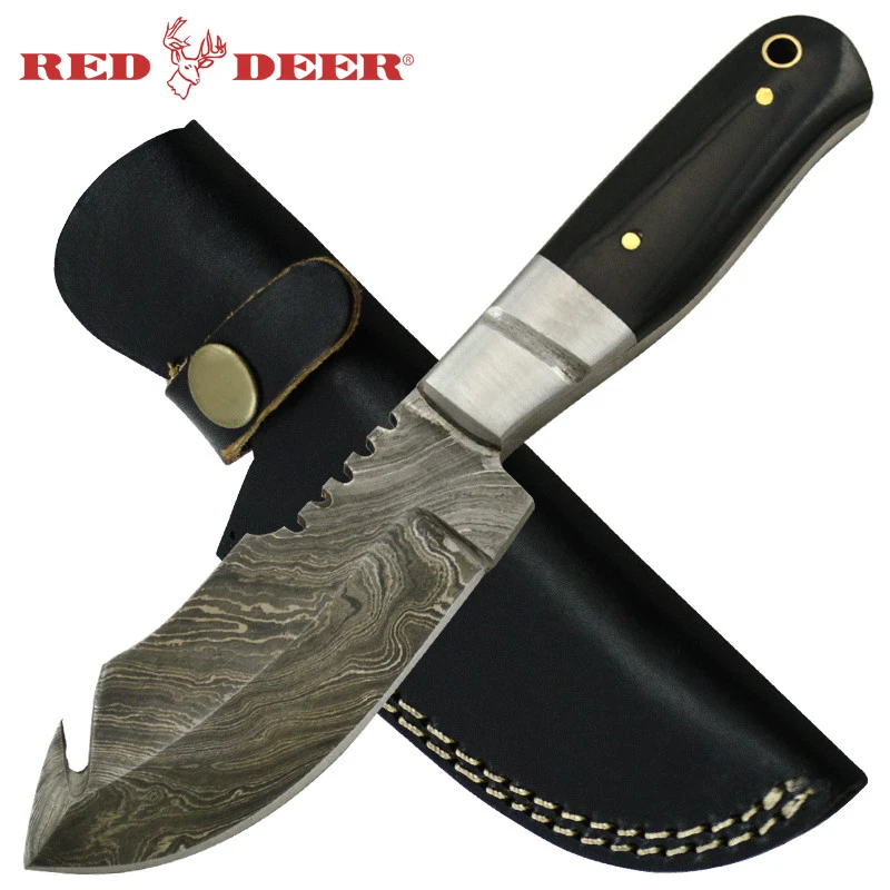 Red Deer Black Horn Handle Damascus Hunting Knife